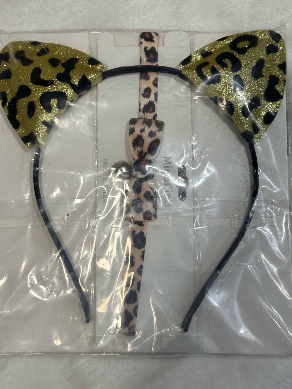 Gold glitterLeopard Print Cat Ear Headband with choker bow